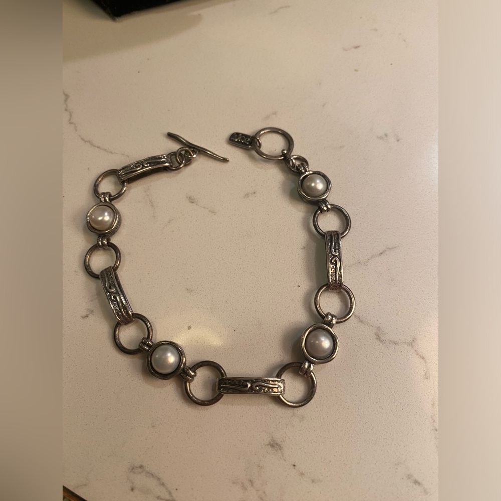 PZ Israel bracelet 925 Sterling silver large links four  Pearls Toggle